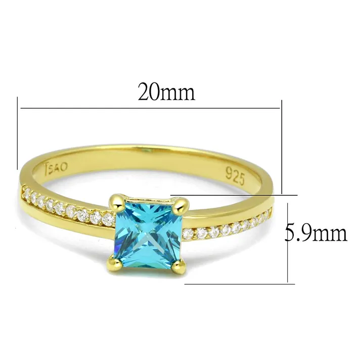 Rings Alamode TS559 Gold 925 Sterling Silver Ring with AAA Grade CZ in Sea Blue
