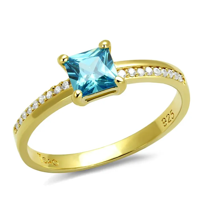 Rings Alamode TS559 Gold 925 Sterling Silver Ring with AAA Grade CZ in Sea Blue