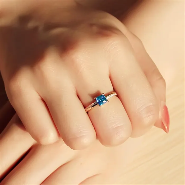 Rings Alamode TS559 Gold 925 Sterling Silver Ring with AAA Grade CZ in Sea Blue