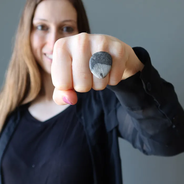 Satin Crystals Fossilized Stone Ring Sea Capsule Black Adjustable Rings