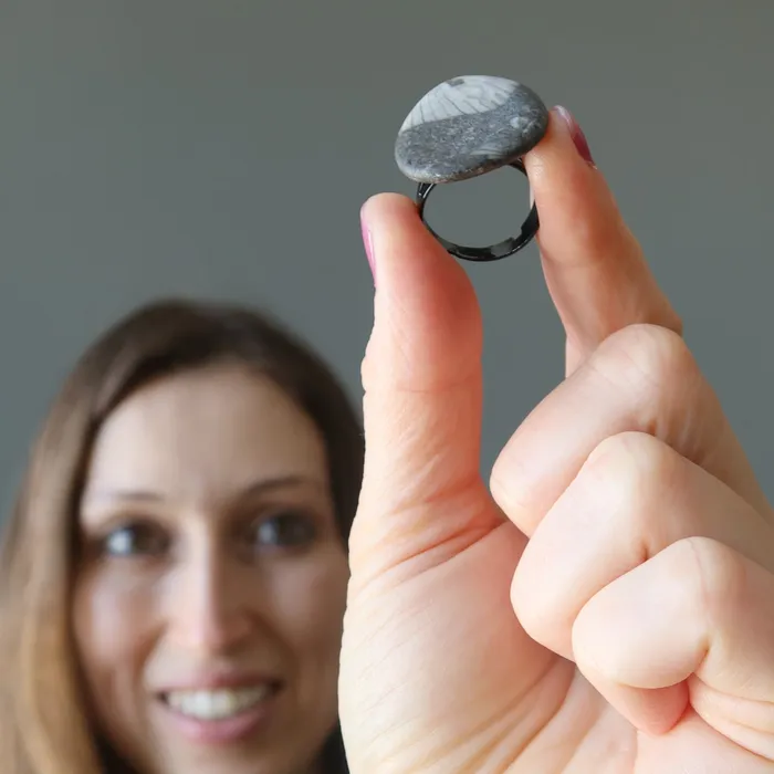 Satin Crystals Fossilized Stone Ring Sea Capsule Black Adjustable Rings