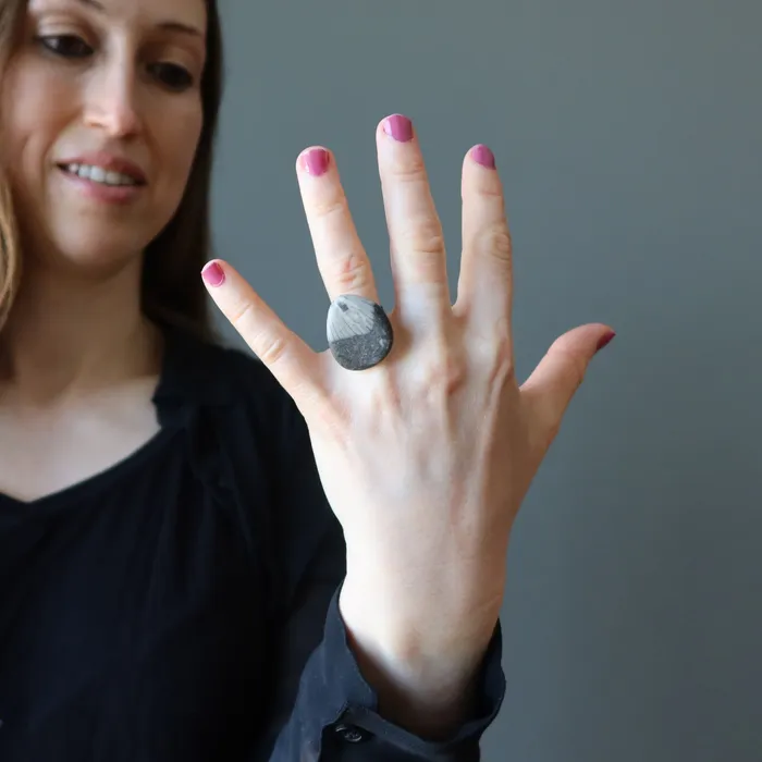 Satin Crystals Fossilized Stone Ring Sea Capsule Black Adjustable Rings