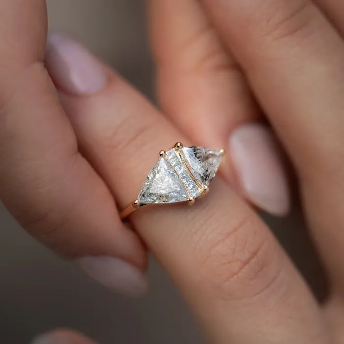 ARTEMER Rings OOAK Rhombus Engagement Ring with Trillion Cut Salt and Pepper Diamonds