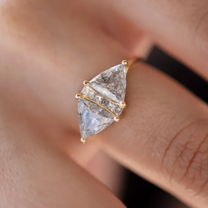 ARTEMER Rings OOAK Rhombus Engagement Ring with Trillion Cut Salt and Pepper Diamonds