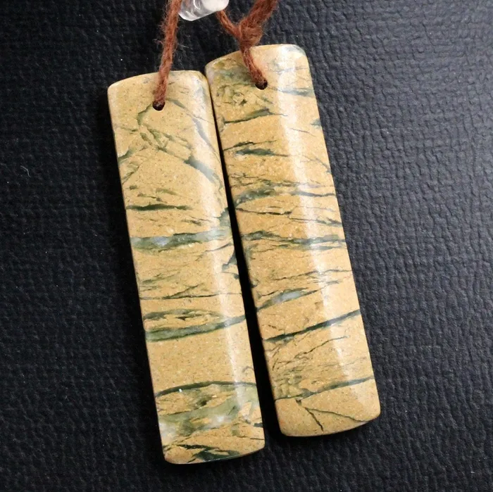Drilled Gemstone Pair Natural Green Canyon Jasper Earring Bead Rectangle Cabochon Cab Pair Drilled Matched Earrings Bead Pair Intrinsic Trading Earrings