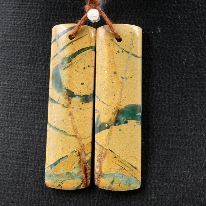 Drilled Gemstone Pair Natural Green Canyon Jasper Earring Bead Rectangle Cabochon Cab Pair Drilled Matched Earrings Bead Pair Intrinsic Trading Earrings