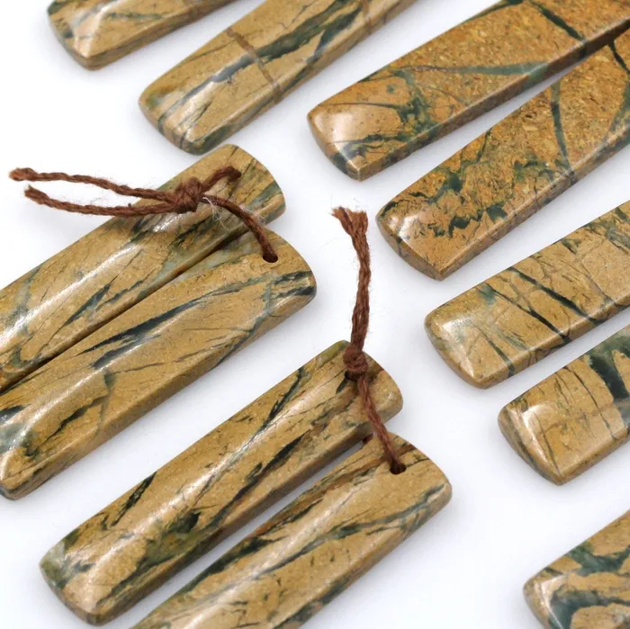 Drilled Gemstone Pair Natural Green Canyon Jasper Earring Bead Rectangle Cabochon Cab Pair Drilled Matched Earrings Bead Pair Intrinsic Trading Earrings
