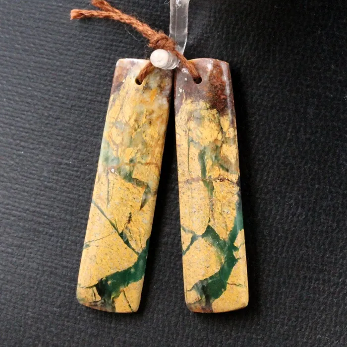 Drilled Gemstone Pair Natural Green Canyon Jasper Earring Bead Rectangle Cabochon Cab Pair Drilled Matched Earrings Bead Pair Intrinsic Trading Earrings
