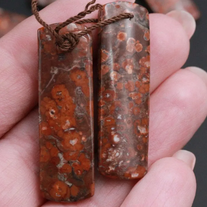 Drilled Natural Red Orbicular Jasper Earring Pair Gemstone Drilled Earring Cabochon Cab Pair Rectangle Matched Earrings Bead Pair Intrinsic Trading Earrings