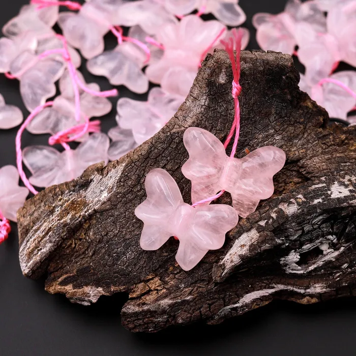 Earrings Intrinsic Trading Hand Carved Natural Pink Rose Quartz Butterfly Earring Pair Drilled Gemstone Matched Beads