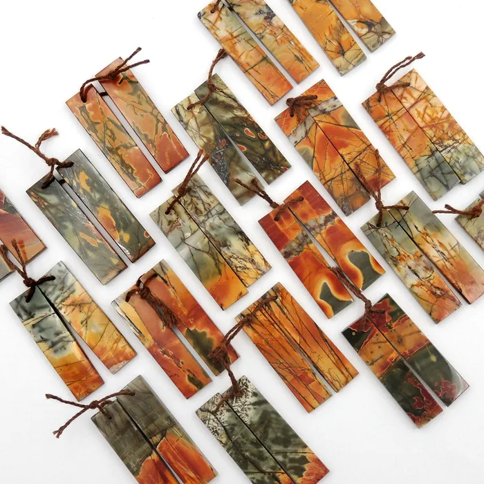 Earrings Intrinsic Trading Natural Red Creek Jasper Earring Pair Modern Flat Long Rectangle Cabochon Cab Drilled Matched Gemstone Bead Pair Multicolor Picasso Jasper