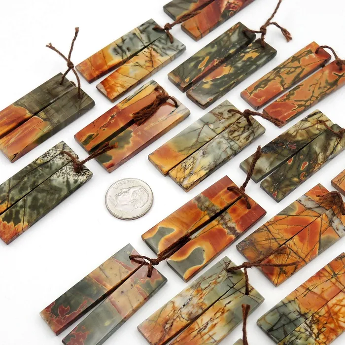 Earrings Intrinsic Trading Natural Red Creek Jasper Earring Pair Modern Flat Long Rectangle Cabochon Cab Drilled Matched Gemstone Bead Pair Multicolor Picasso Jasper