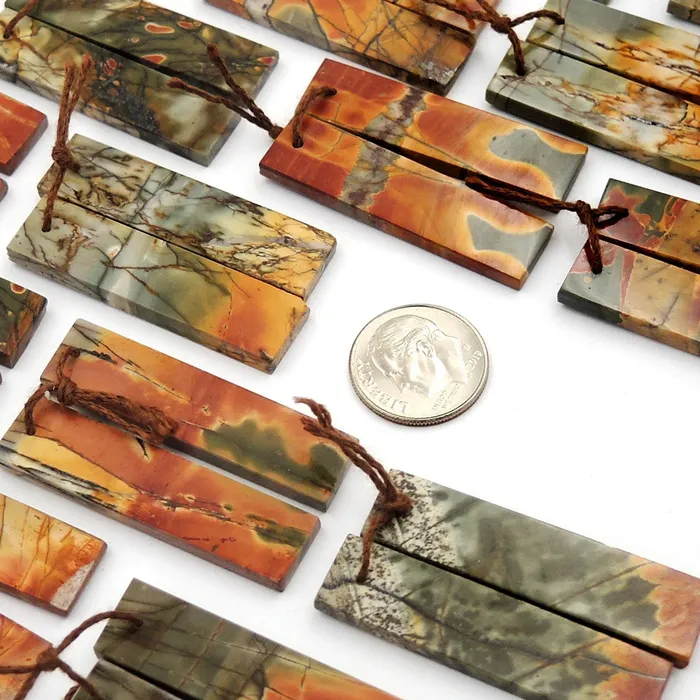 Earrings Intrinsic Trading Natural Red Creek Jasper Earring Pair Modern Flat Long Rectangle Cabochon Cab Drilled Matched Gemstone Bead Pair Multicolor Picasso Jasper