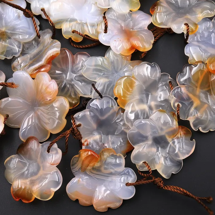 Hand Carved Natural Carnelian Flower Earring Pair Drilled Translucent Gemstone Matched Beads Intrinsic Trading Earrings