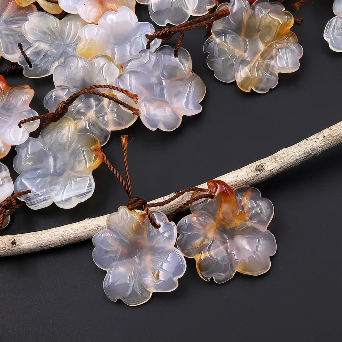 Hand Carved Natural Carnelian Flower Earring Pair Drilled Translucent Gemstone Matched Beads Intrinsic Trading Earrings