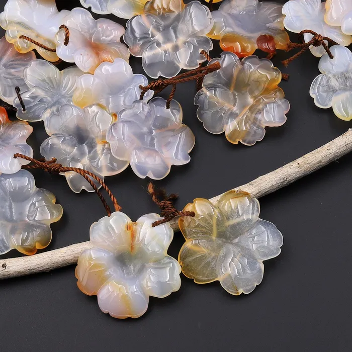 Hand Carved Natural Carnelian Flower Earring Pair Drilled Translucent Gemstone Matched Beads Intrinsic Trading Earrings