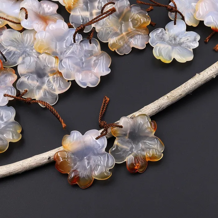 Hand Carved Natural Carnelian Flower Earring Pair Drilled Translucent Gemstone Matched Beads Intrinsic Trading Earrings