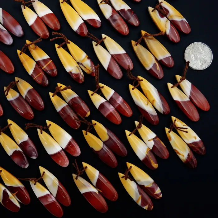 Intrinsic Trading Earrings Drilled Australian Mookaite Jasper Earring Pair Matched Teardrop Gemstone Earrings Bead Pair Burgundy Maroon Red Yellow Sunset Colors