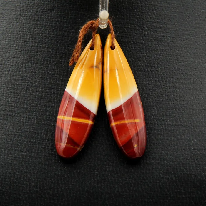 Intrinsic Trading Earrings Drilled Australian Mookaite Jasper Earring Pair Matched Teardrop Gemstone Earrings Bead Pair Burgundy Maroon Red Yellow Sunset Colors