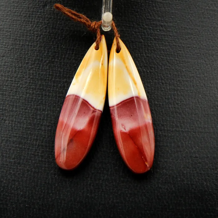 Intrinsic Trading Earrings Drilled Australian Mookaite Jasper Earring Pair Matched Teardrop Gemstone Earrings Bead Pair Burgundy Maroon Red Yellow Sunset Colors