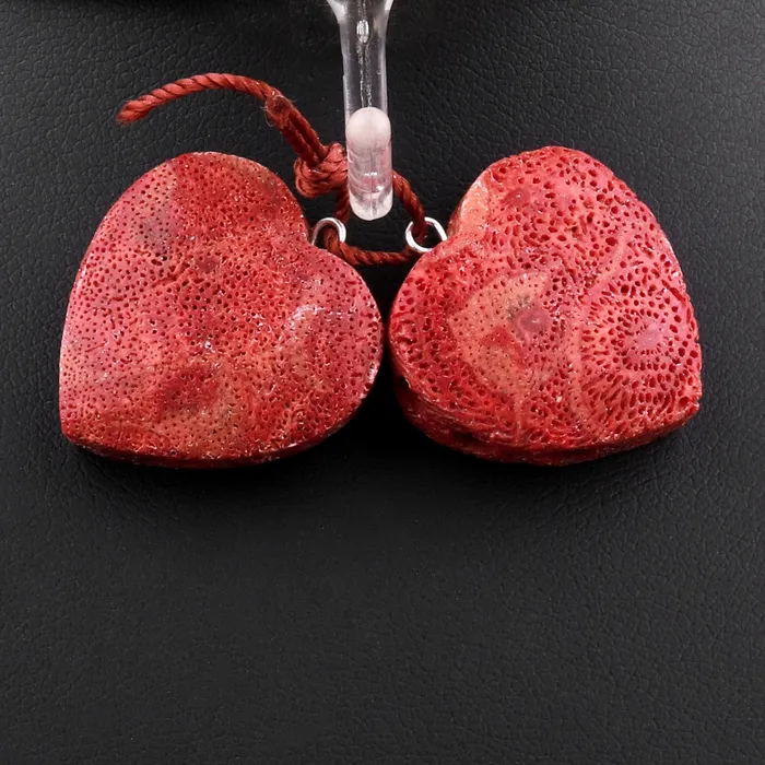 Intrinsic Trading Earrings Natural Real Genuine Red Sponge Coral Heart Earring Pair Drilled Gemstone Matched Beads