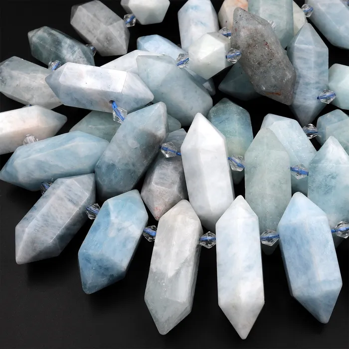 Intrinsic Trading Necklaces Natural Aquamarine Beads Faceted Double Terminated Points Side Drilled Focal Pendant 155 Strand