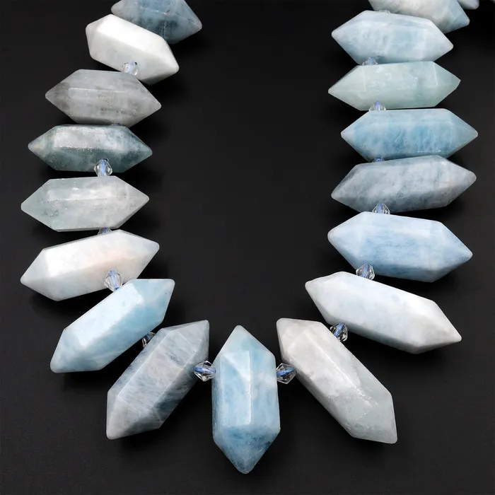Intrinsic Trading Necklaces Natural Aquamarine Beads Faceted Double Terminated Points Side Drilled Focal Pendant 155 Strand