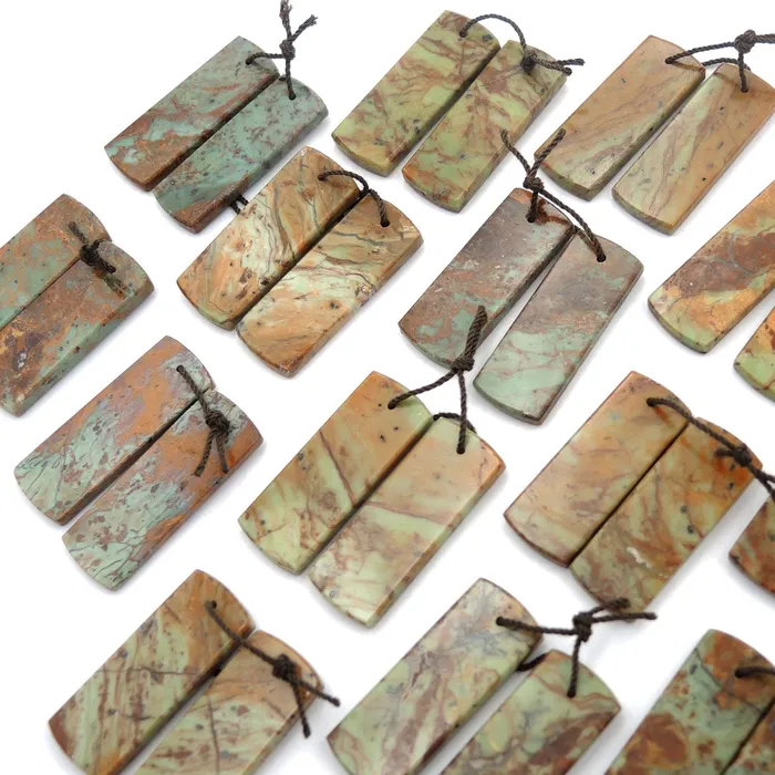 Natural African Green Opal Earring Pair Flat Rectangle Cabochon Cab Pair Drilled Matched Gemstone Bead Pair Intrinsic Trading Earrings